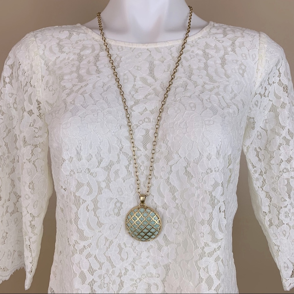Vintage Lia Sophia Long Goldtone Necklace with Aqua Encased Stone Pendant